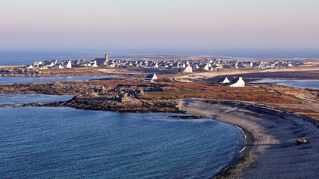 France, Finistere, Iroise Sea, Iles du Ponant, Parc Naturel Regional d'Armorique (Armorica Regional Natural Park), Ile de Sein, labelled Les Plus Beaux de France (The Most Beautiful Village of France), the island seen from the top of the Goulenez lighthouse