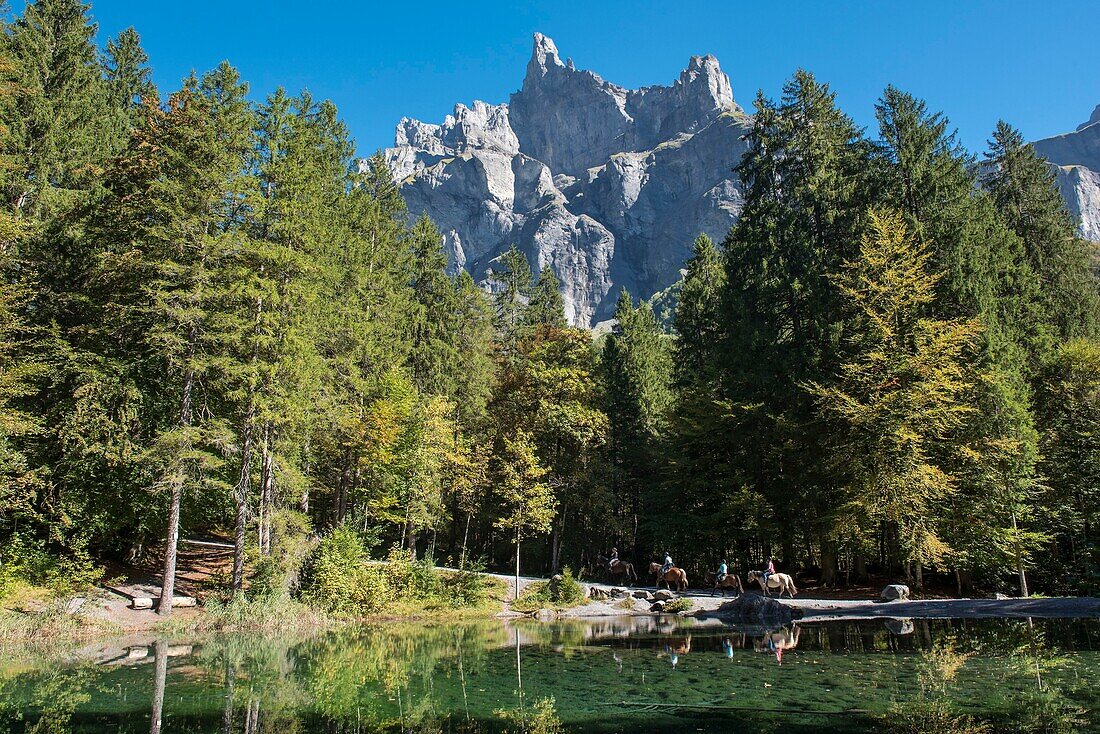 Frankreich, Haute Savoie, Sixt Fer a Cheval, Reitwanderung zum See Plan und zu den Bergen Chamois Horn (2562m) und Tenneverge (2836m)