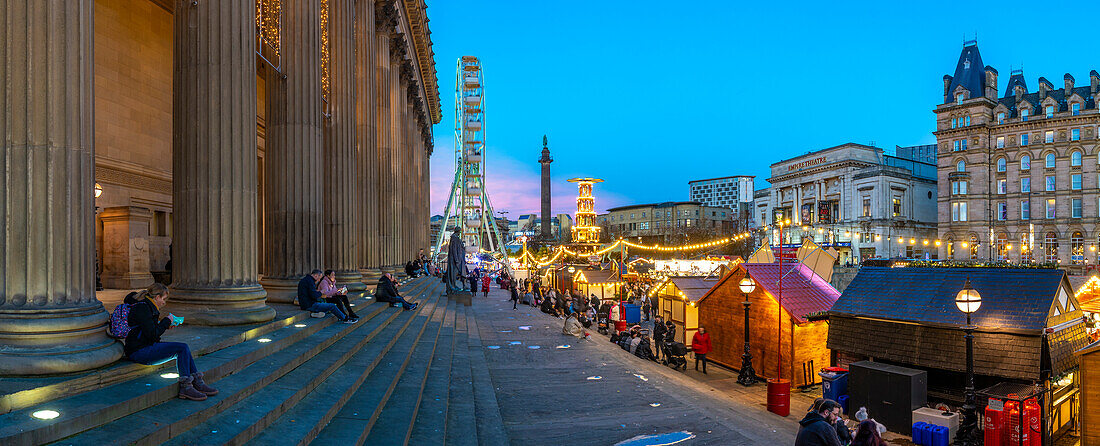 View of ferris wheel and Christmas Market from St. Georges Hall, Liverpool City Centre, Liverpool, Merseyside, England, United Kingdom, Europe