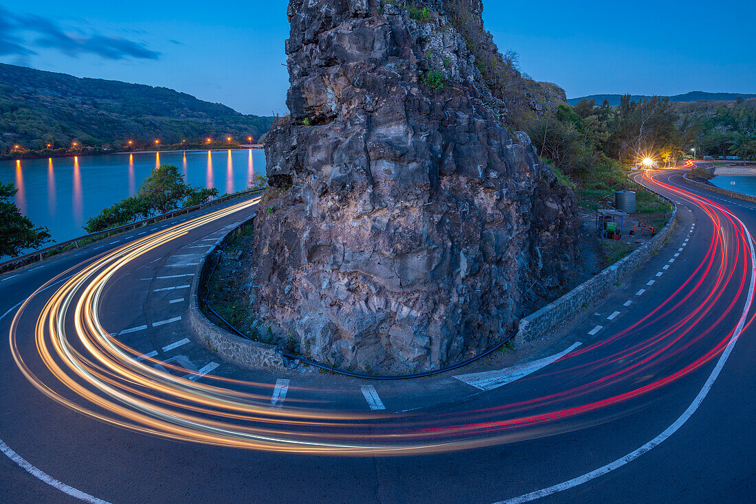 View of trail lights at Baie du Cap from Maconde Viewpoint at dusk, Savanne District, Mauritius, Indian Ocean, Africa