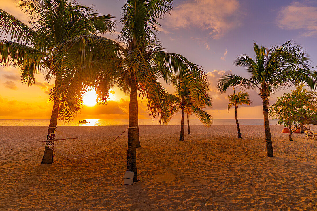 View of Le Morne Public Beach at sunset, Le Morne, Riviere Noire District, Mauritius, Indian Ocean, Africa