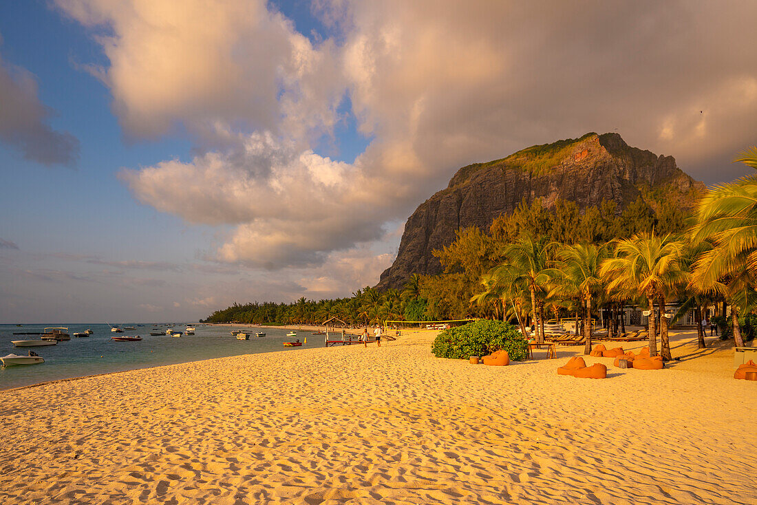 View of Le Morne Public Beach at sunset, Le Morne, Riviere Noire District, Mauritius, Indian Ocean, Africa