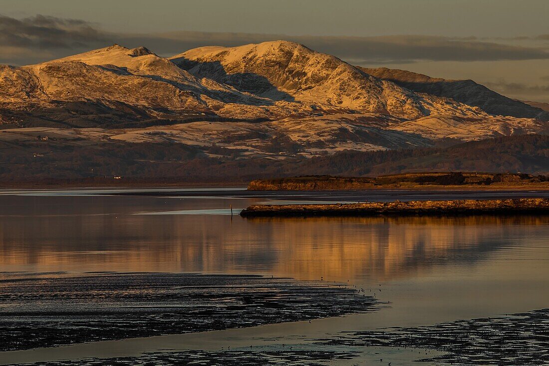 View across the Duddon Estuary towards the Coniston mountain range and the Lake District National Park, Furness Peninsula, Cumbria, England, United Kingdom, Europe