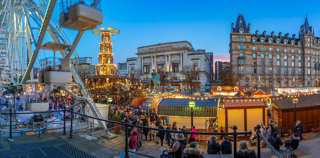 View of ferris wheel and Christmas Market from St. Georges Hall, Liverpool City Centre, Liverpool, Merseyside, England, United Kingdom, Europe