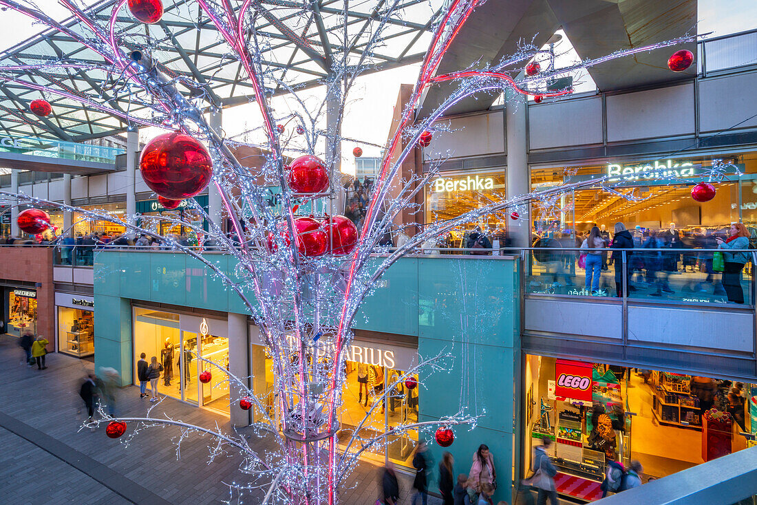 View of shops and Christmas lights, Liverpool City Centre, Liverpool, Merseyside, England, United Kingdom, Europe