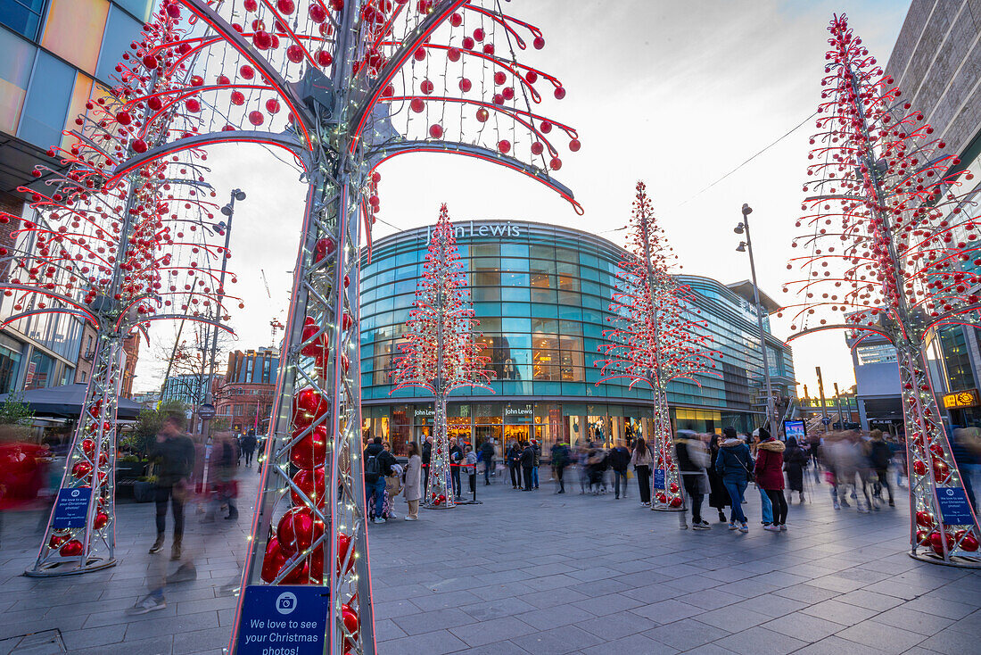 View of shops and Christmas lights, Liverpool City Centre, Liverpool, Merseyside, England, United Kingdom, Europe