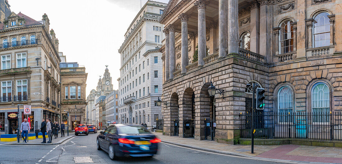 View of Royal Liver Building and Town Hall, Liverpool City Centre, Liverpool, Merseyside, England, United Kingdom, Europe