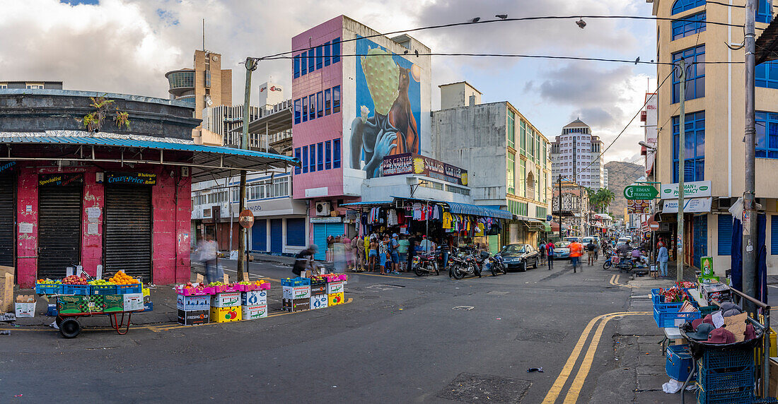 View of buildings and market stalls near Central Market, Port Louis, Mauritius, Indian Ocean, Africa