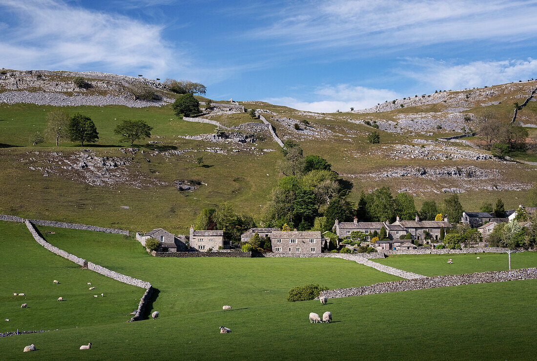 Village of Feizor in spring backed by Pot Scar, Yorkshire Dales National Park, Yorkshire, England, United Kingdom, Europe