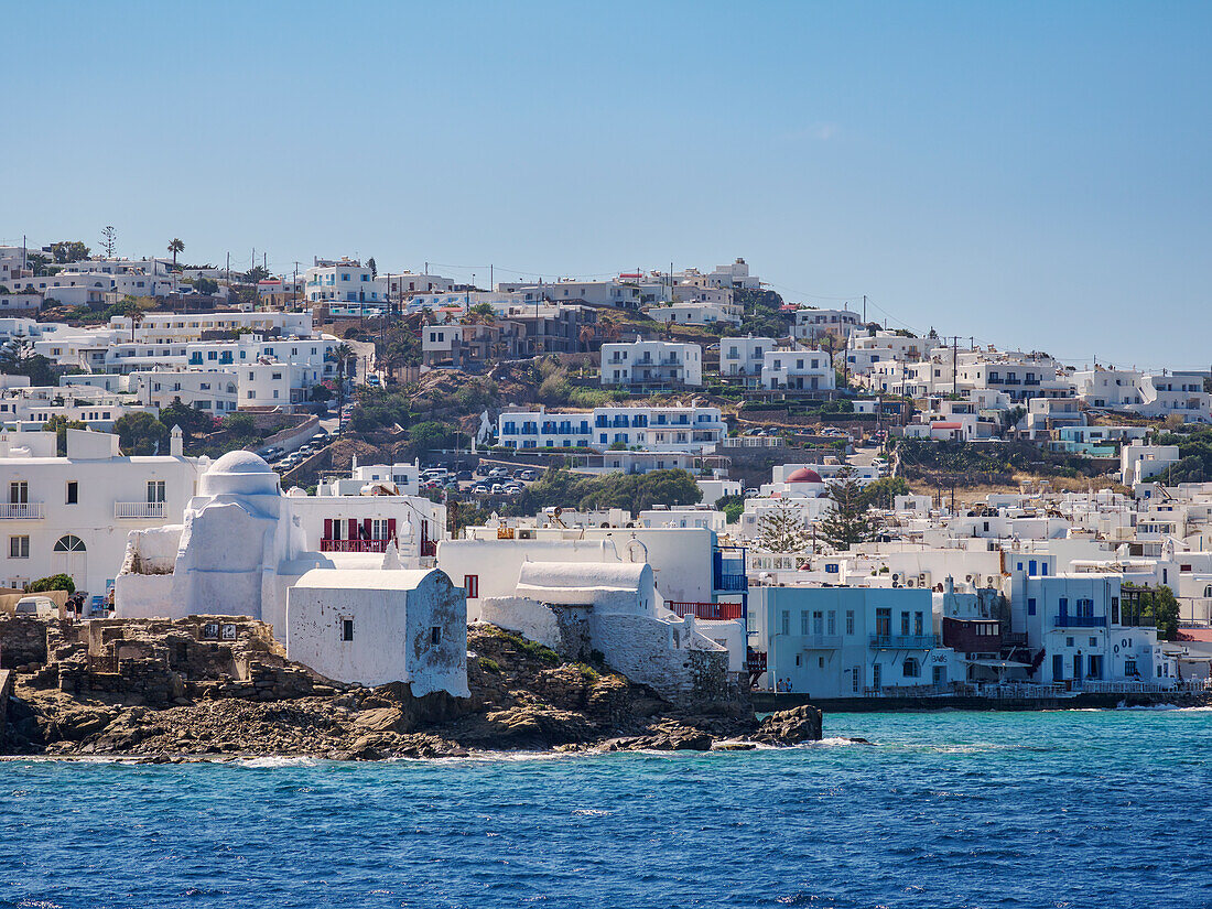 View towards the Church of Panagia Paraportiani, Chora, Mykonos Town, Mykonos Island, Cyclades, Greek Islands, Greece, Europe