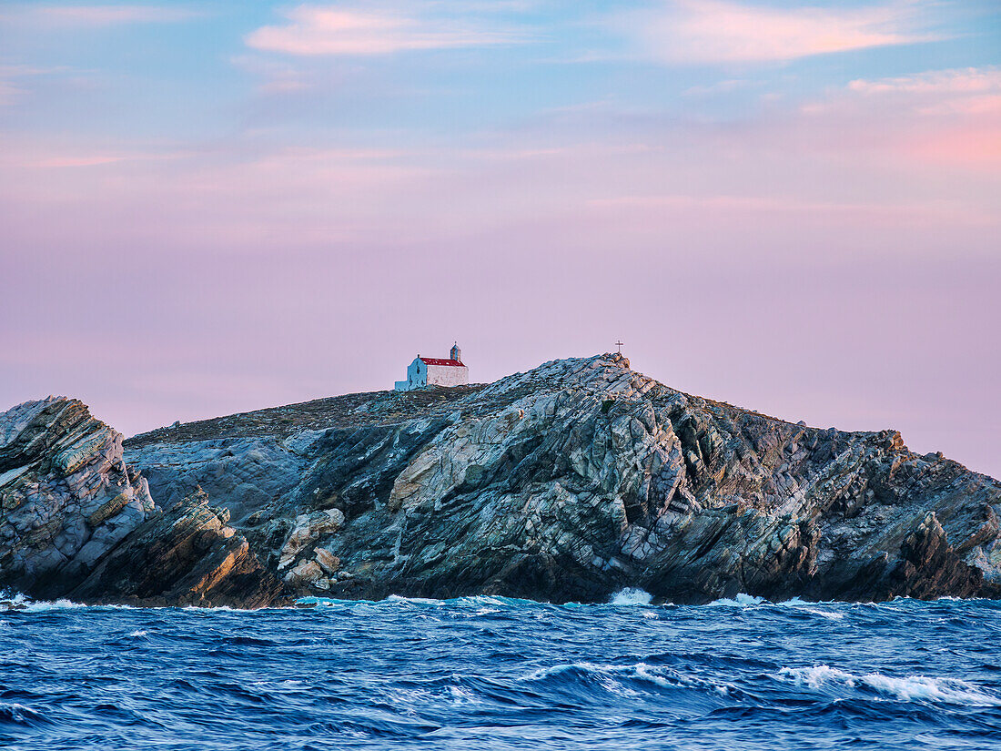 Church of St. George at Mpaos Islet near Mykonos Island, sunset, Cyclades, Greek Islands, Greece, Europe