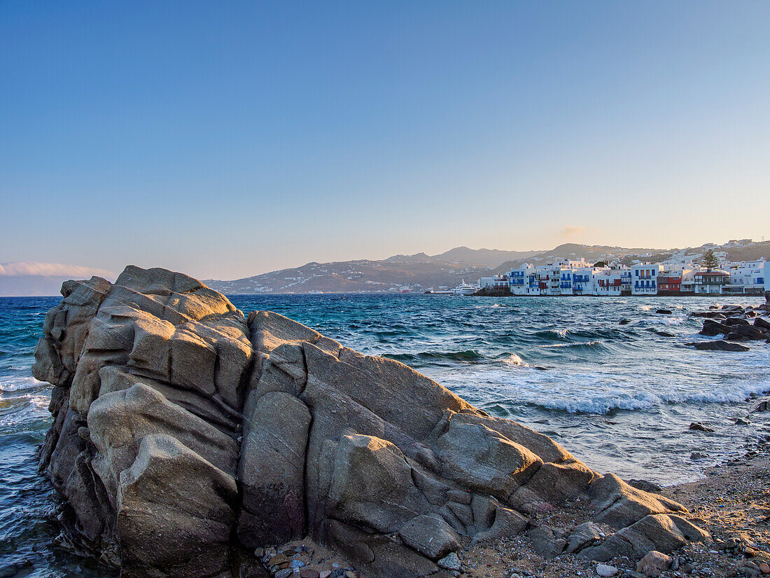 Rocky coast of Mykonos Town, Mykonos Island, Cyclades, Greek Islands, Greece, Europe