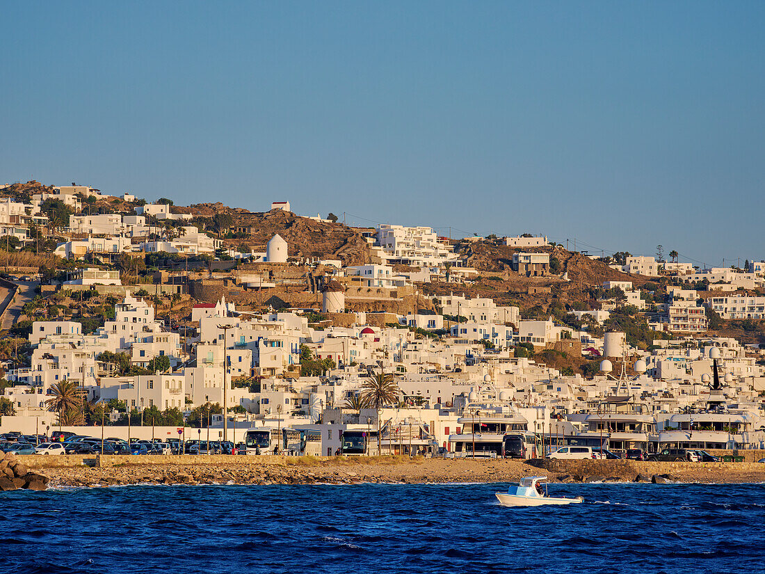 View towards Chora, Mykonos Town, Mykonos Island, Cyclades, Greek Islands, Greece, Europe