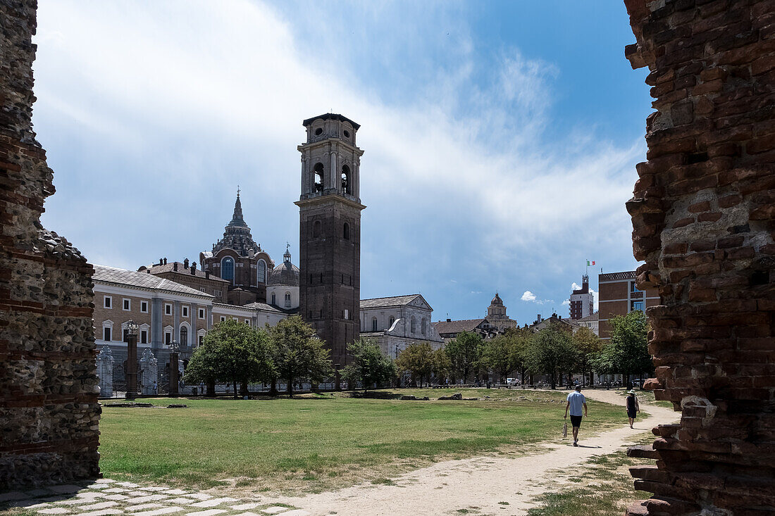 View of city from Porta Palatina, with Turin Cathedral (Duomo di Torino) in the central background, Turin, Piedmont, Italy, Europe