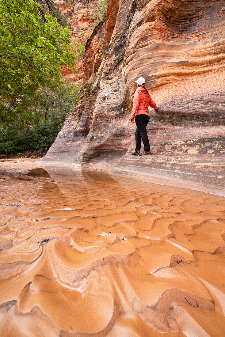 Ein Mädchen bewundert an einem Sommertag die schönen Felsformationen im Zion National Park, Utah, Vereinigte Staaten von Amerika, Nordamerika