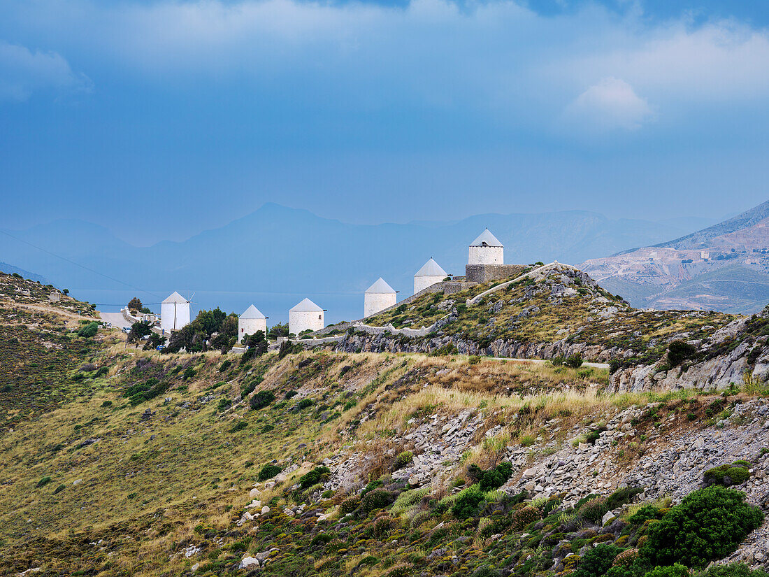 Windmühlen von Pandeli, Insel Leros, Dodekanes, Griechische Inseln, Griechenland, Europa