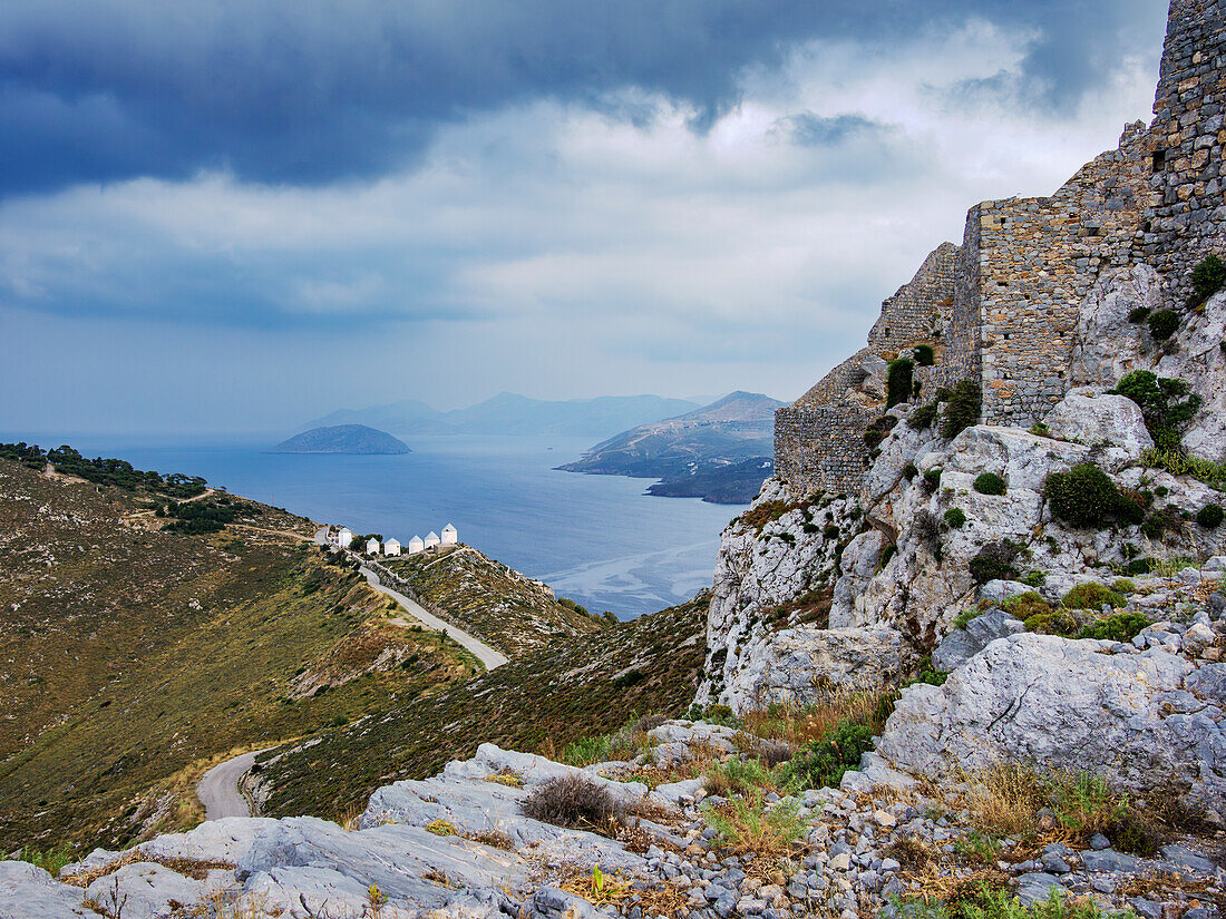 Medieval Castle and Windmills of Pandeli with stormy weather, Leros Island, Dodecanese, Greek Islands, Greece, Europe