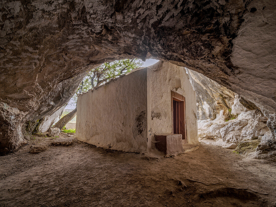 Chapel of Panagia Sarantaskaliotissa at the entrance to The Cave of Pythagoras, Mount Kerkis, Samos Island, North Aegean, Greek Islands, Greece, Europe