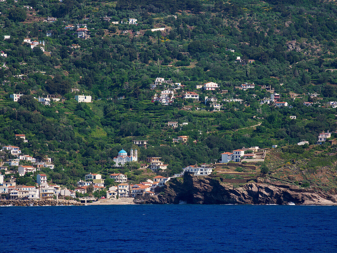 View towards Karavostamo Village, Icaria Island, North Aegean, Greek Islands, Greece, Europe