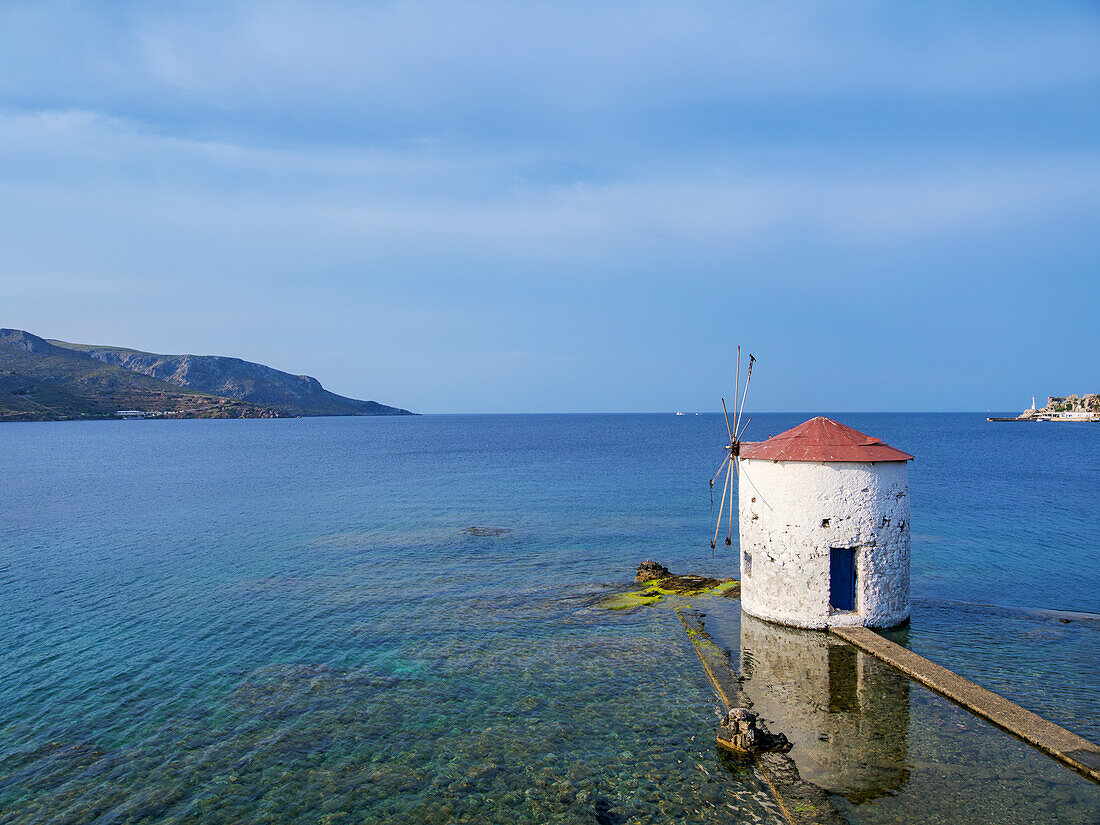 Windmill on the water, elevated view, Agia Marina, Leros Island, Dodecanese, Greek Islands, Greece, Europe