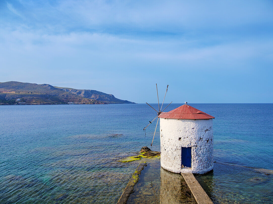 Windmill on the water, elevated view, Agia Marina, Leros Island, Dodecanese, Greek Islands, Greece, Europe