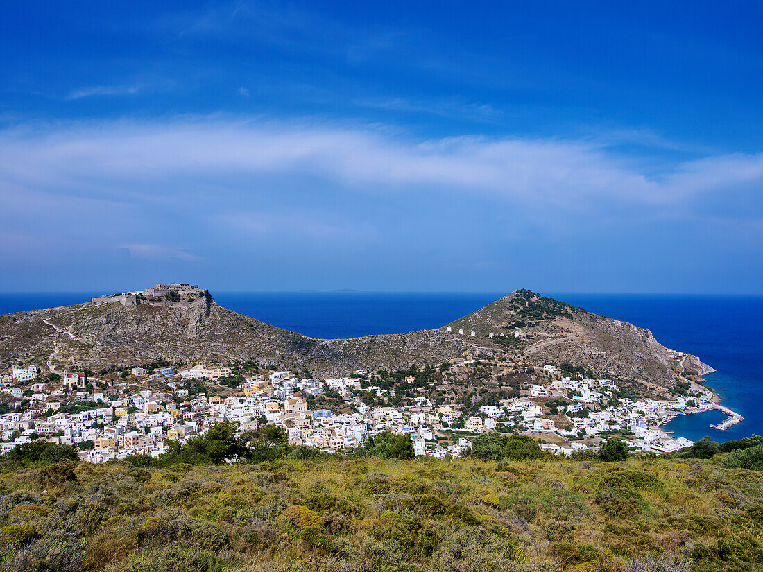 Platanos und mittelalterliche Burg von Pandeli, Blick von oben, Agia Marina, Insel Leros, Dodekanes, Griechische Inseln, Griechenland, Europa