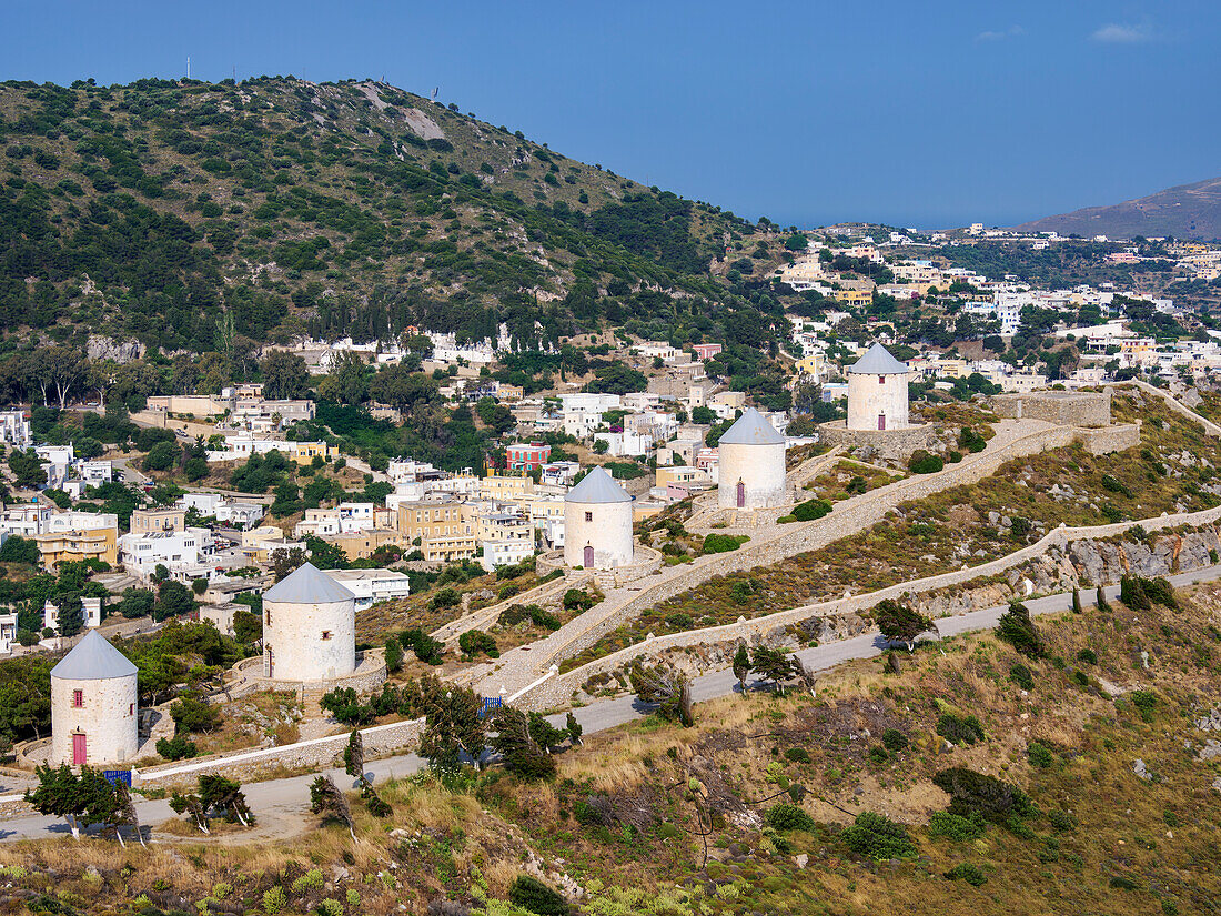 Windmühlen von Pandeli, Insel Leros, Dodekanes, Griechische Inseln, Griechenland, Europa