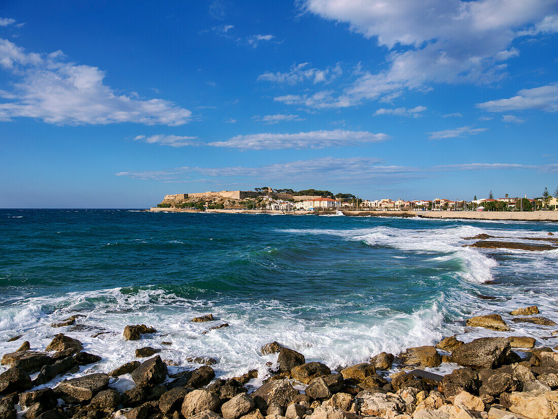 View towards the Venetian Fortezza Castle, City of Rethymno, Rethymno Region, Crete, Greek Islands, Greece, Europe