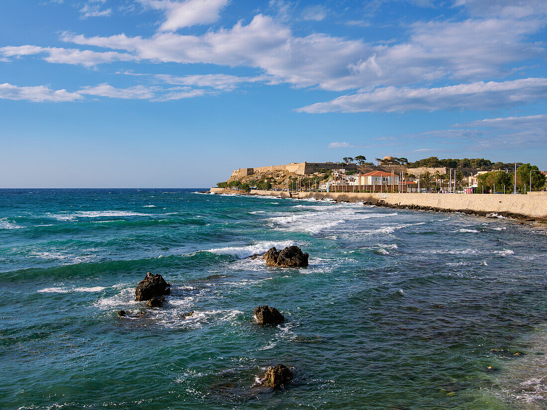 View towards the Venetian Fortezza Castle, City of Rethymno, Rethymno Region, Crete, Greek Islands, Greece, Europe