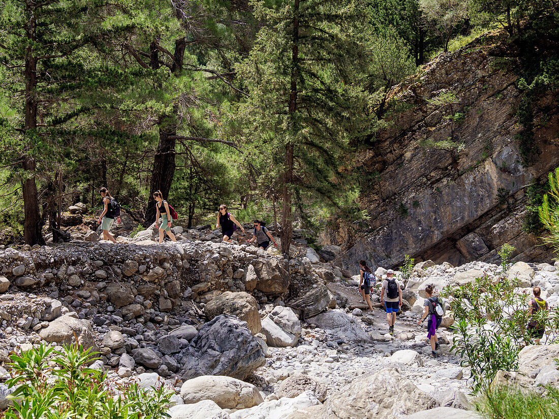 Menschen beim Wandern in der Samaria-Schlucht, Region Chania, Kreta, Griechische Inseln, Griechenland, Europa