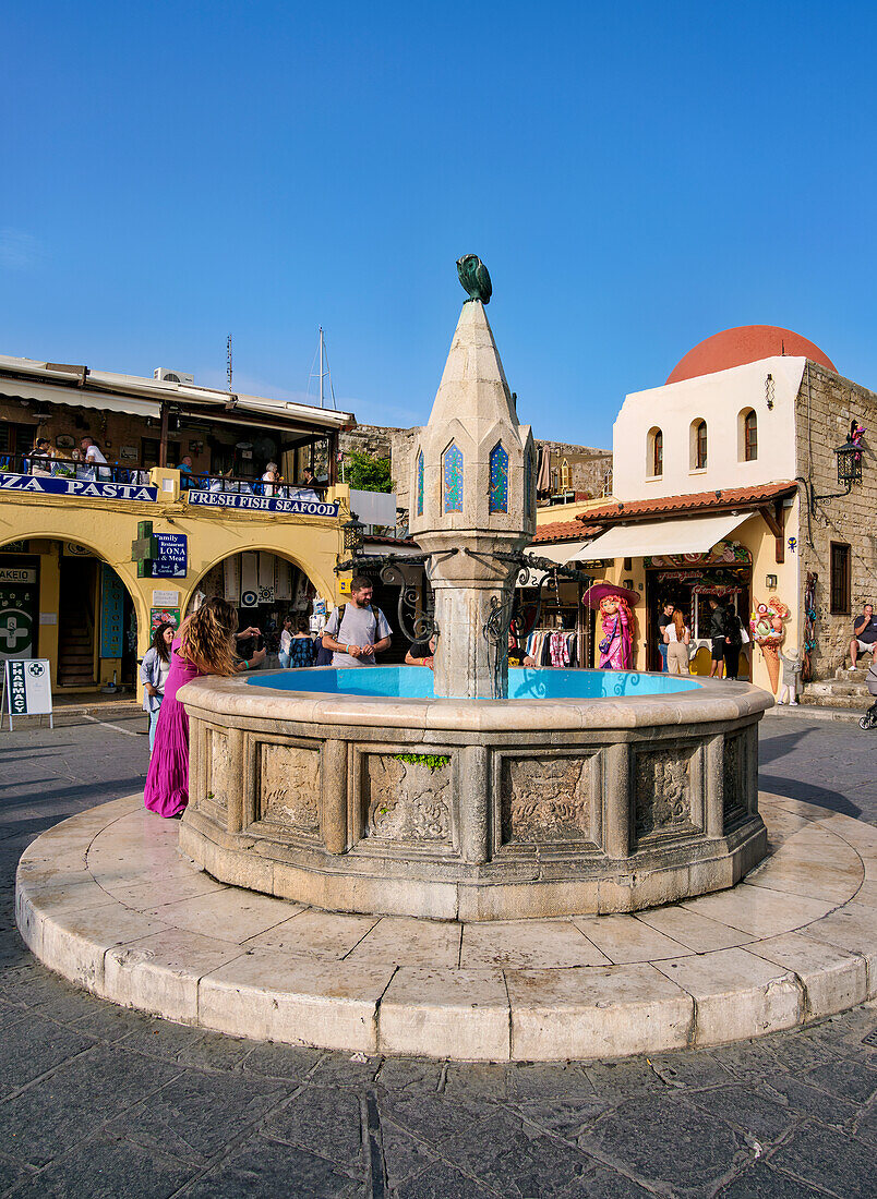 Fountain in Hippocrates Square, Medieval Old Town, Rhodes City, Rhodes Island, Dodecanese, Greek Islands, Greece, Europe