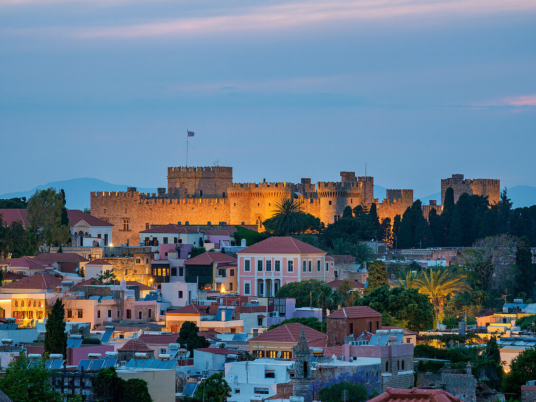 Palace of the Grand Master of the Knights of Rhodes at dusk, UNESCO World Heritage Site, Medieval Old Town, Rhodes City, Rhodes Island, Dodecanese, Greek Islands, Greece, Europe