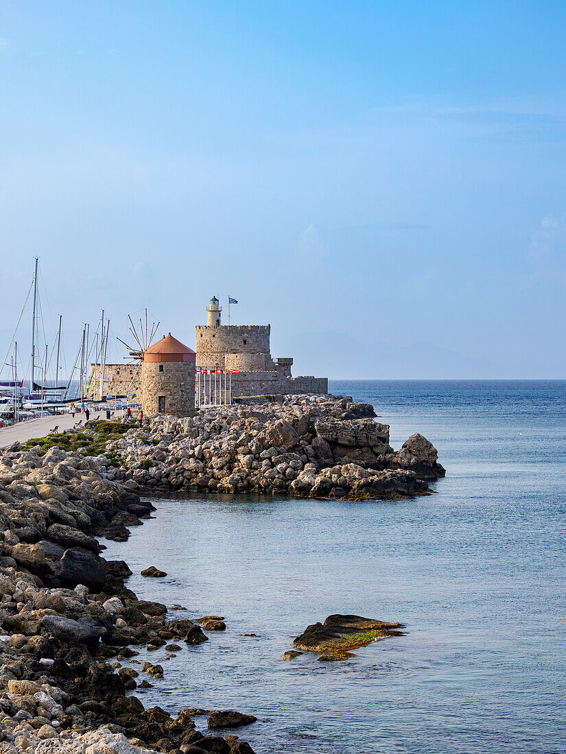 Windmills and Saint Nicholas Fortress, Rhodes City, Rhodes Island, Dodecanese, Greek Islands, Greece, Europe