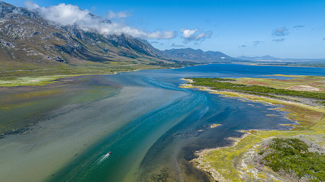 Aerial of the Klein River Lagoon, Hermanus, Western Cape Province, South Africa, Africa