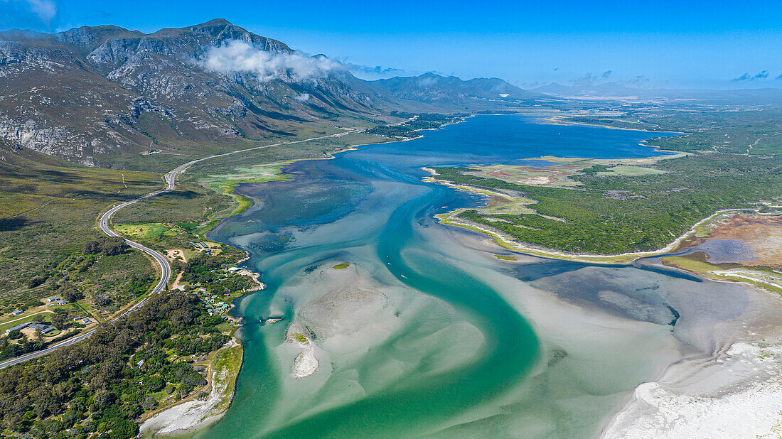 Aerial of the Klein River Lagoon, Hermanus, Western Cape Province, South Africa, Africa