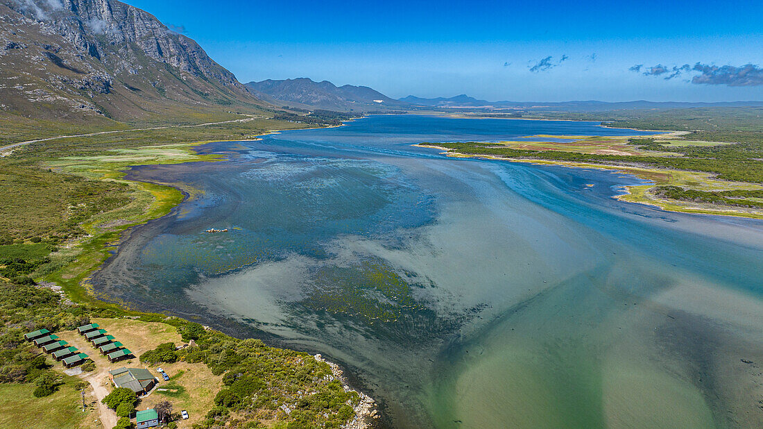 Aerial of the Klein River Lagoon, Hermanus, Western Cape Province, South Africa, Africa