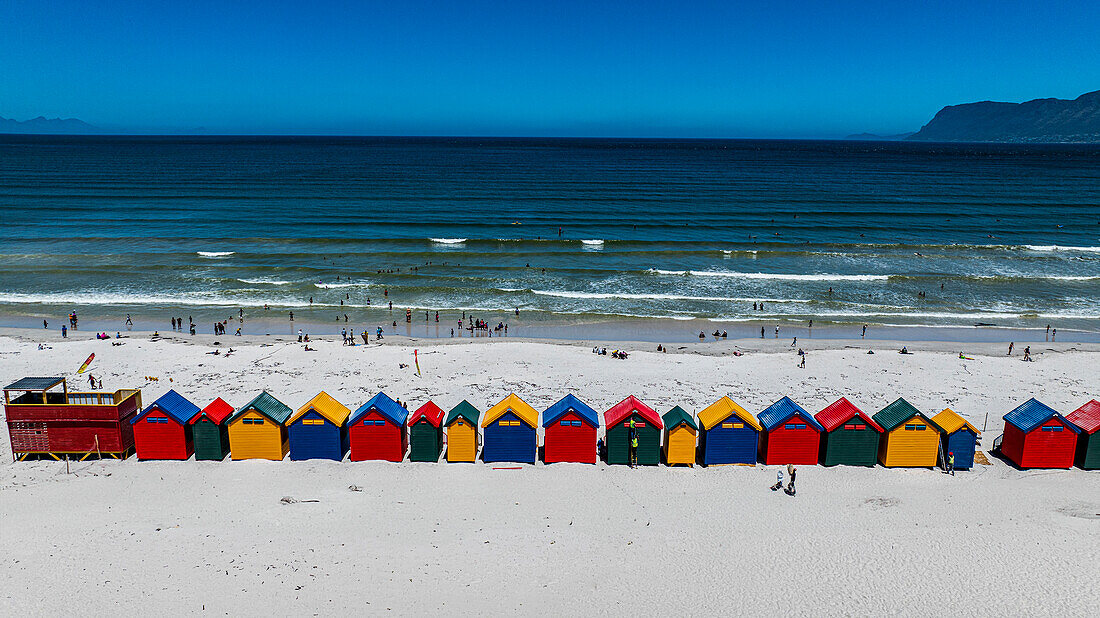 Aerial of the colourful beach huts on the beach of Muizenberg, Cape Town, South Africa, Africa