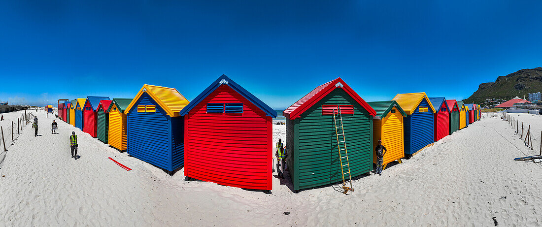 Panorama of the colourful beach huts on the beach of Muizenberg, Cape Town, South Africa, Africa