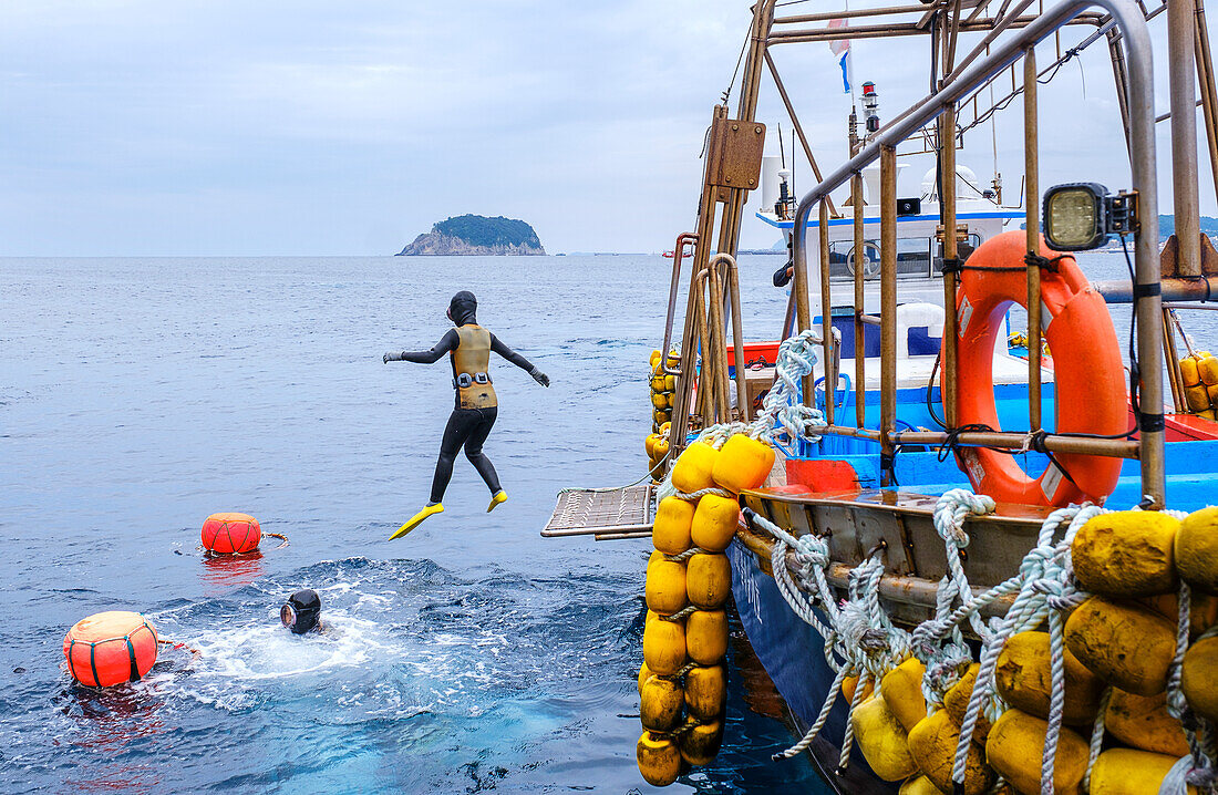 Haenyeo divers, famous for diving into their eighties and holding their breath for up to two minutes, diving for conch, octopus, seaweed, and other seafood, Jeju, South Korea, Asia