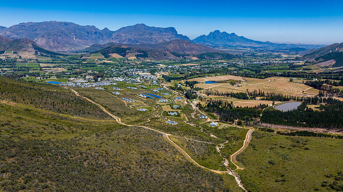 Aerial of Franschhoek, wine area, Western Cape Province, South Africa, Africa