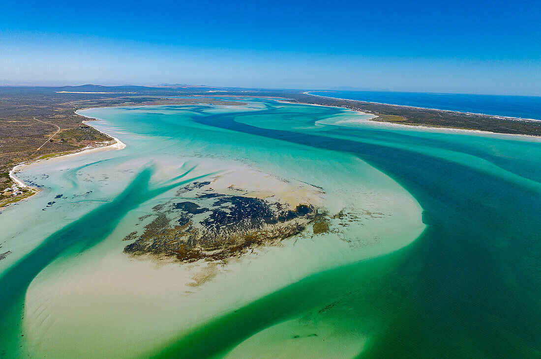 Luftaufnahme des Meeresschutzgebiets Langebaan-Lagune, Westküsten-Nationalpark, Westkap-Provinz, Südafrika, Afrika