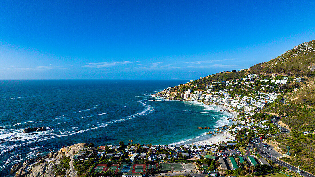 Aerial of the Twelve Apostles and Camps Bay, Cape Town, South Africa, Africa