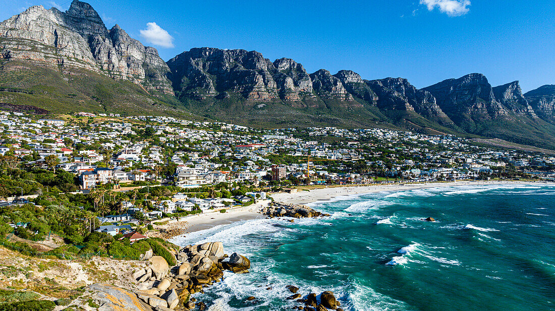 Aerial of the Twelve Apostles and Camps Bay, Cape Town, South Africa, Africa