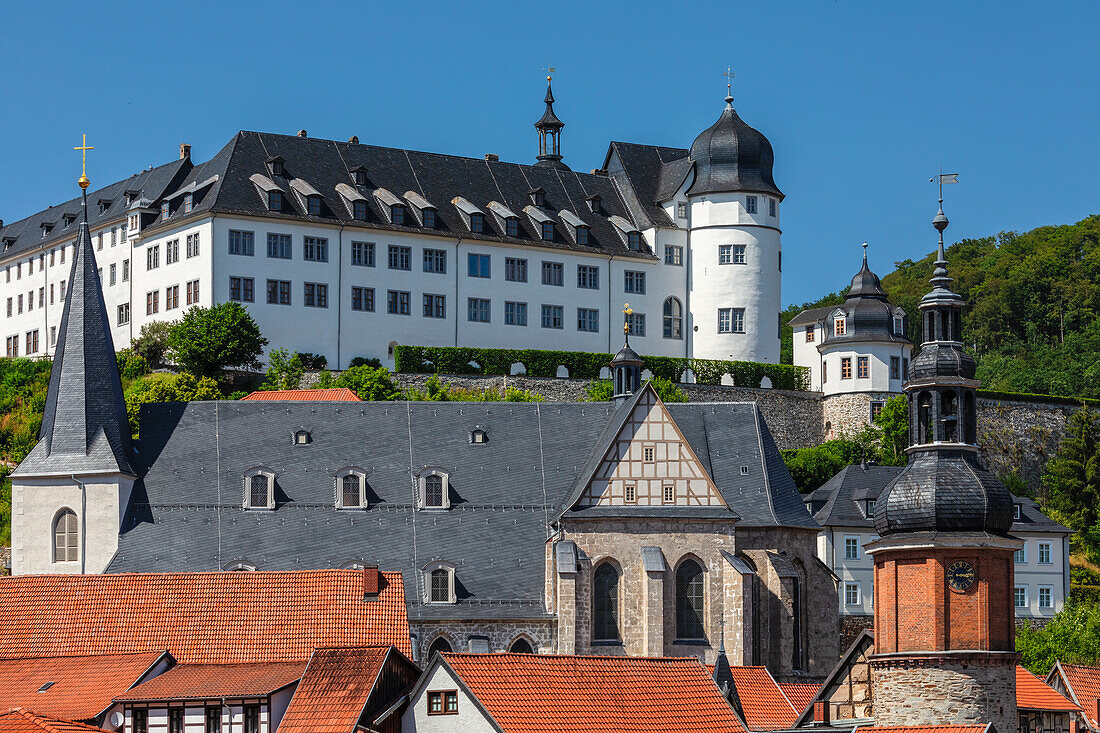 View over Stolberg with St. Martini church, Saigerturm tower and castle, Harz, Saxony-Anhalt, Germany, Europe