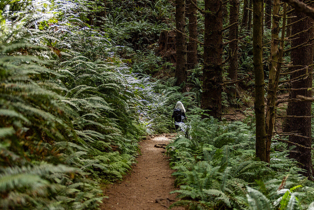 Frau geht auf einem Pfad im Wald spazieren