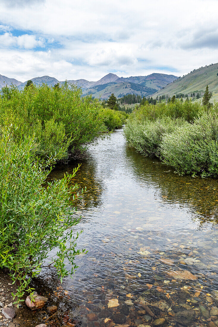 USA, Idaho, Sun Valley, Ruhiger Bach im Hinterland zwischen Hügeln