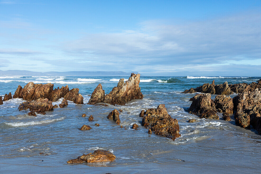 South Africa, Hermanus, Rocky coast and Kammabaai Beach at sunny day