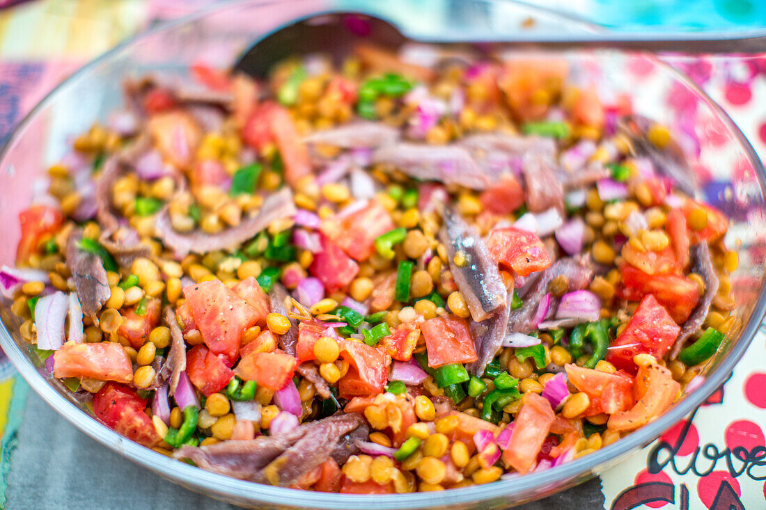 Colorful Lentil Salad With Tomatoes, Green Peppers, and Anchovies