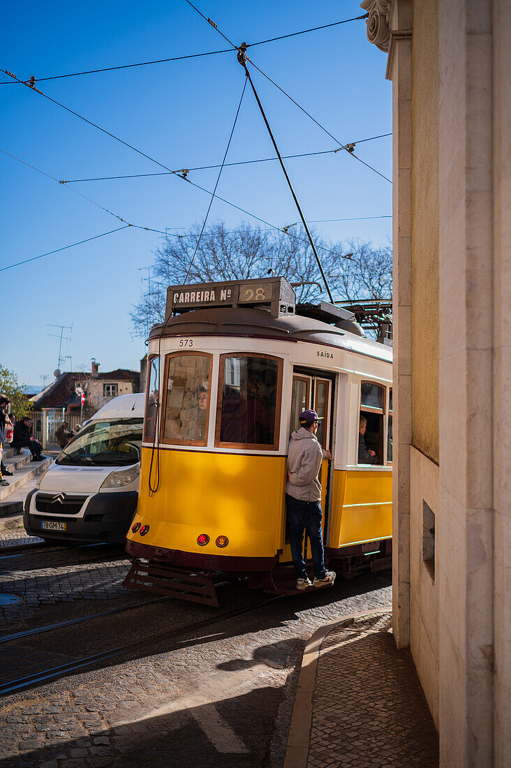 Tram in the streets of Lisbon