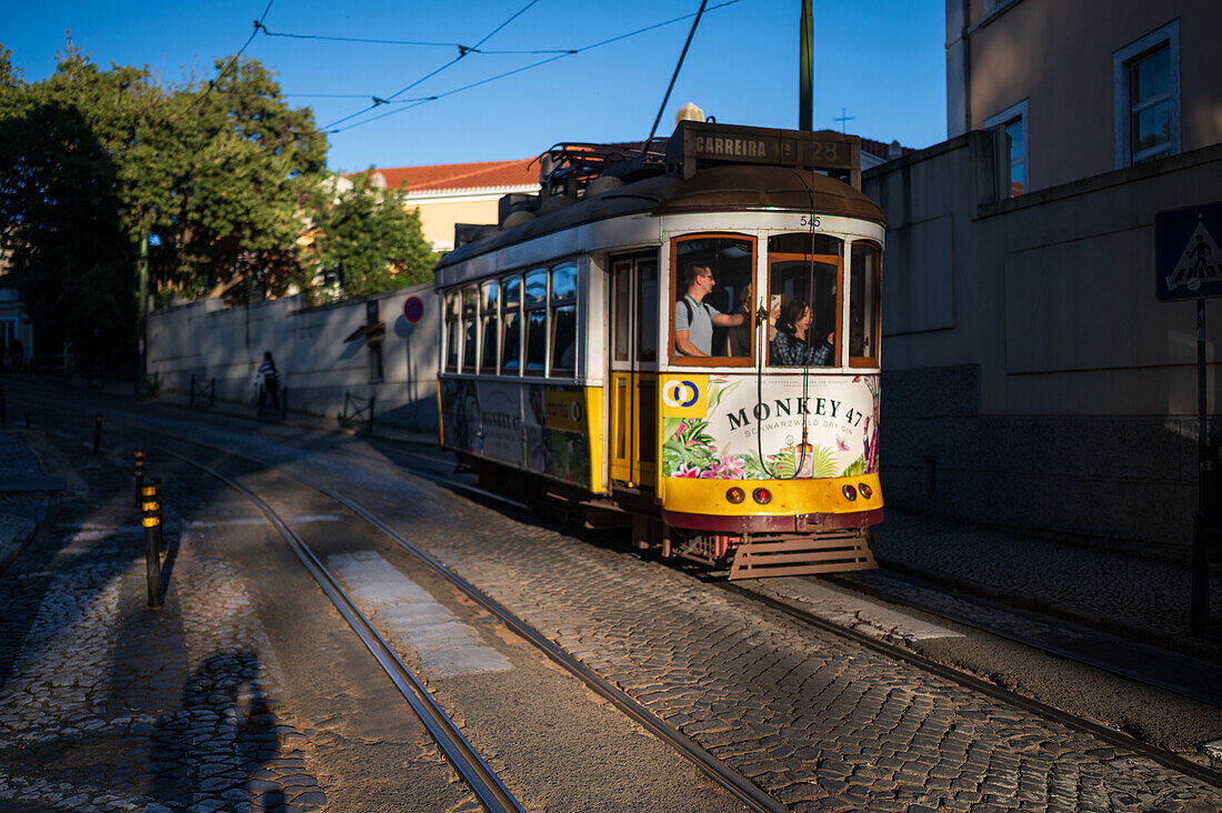 Tram in the streets of Lisbon